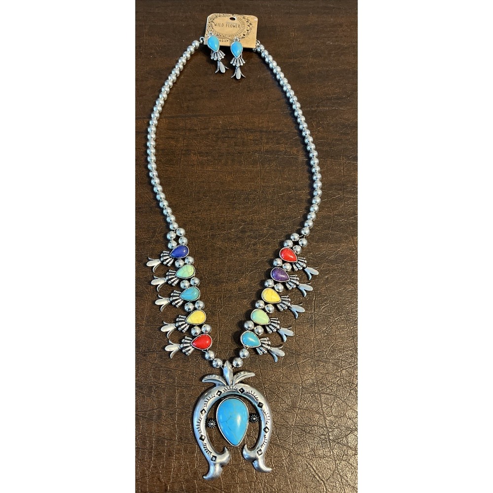 Squash Blossom Western Style Faux Turquoise Necklace Set with Earrings